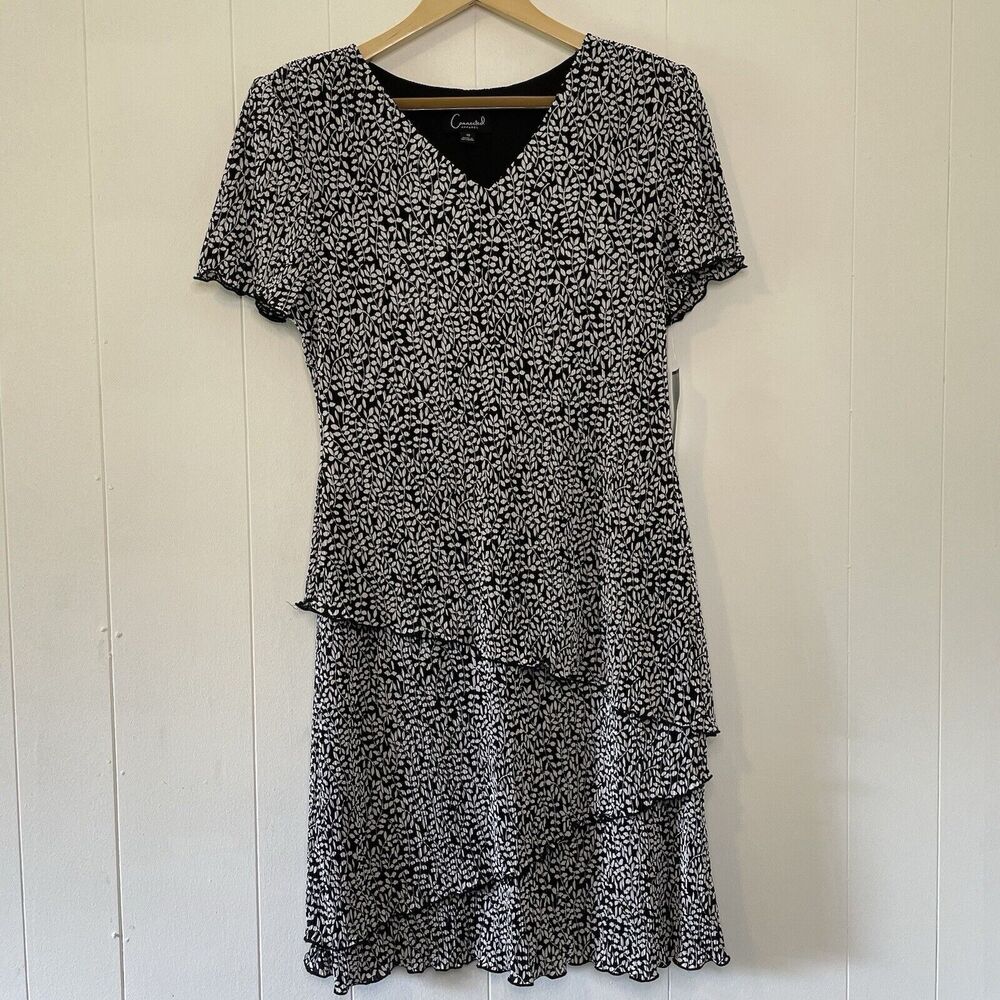 NWT Connected Apparel Dress Black/White Vines Pleated Asymmetrical Tiered 12